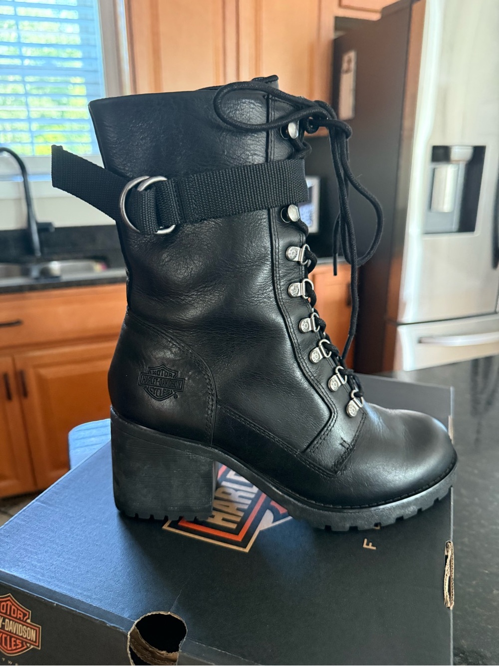 Harley-Davidson Black Leather Lace-Up Heeled Moto Boot